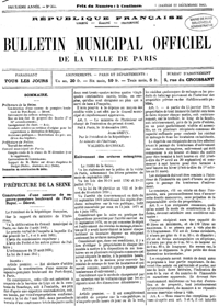 Bulletin municipal officiel de la ville de Paris du 24 novembre 1883 avec l'arrêté du Préfet Eugène Poubelle organisant la collecte des déchets dans Paris.