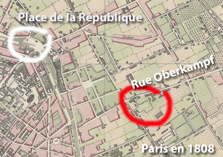 En 1808, une voirie parisienne rue de Menil Montant. Aujourd'hui la rue porte de le nom de rue Oberkampf, elle est située dans le 11e arrondissement de Paris.